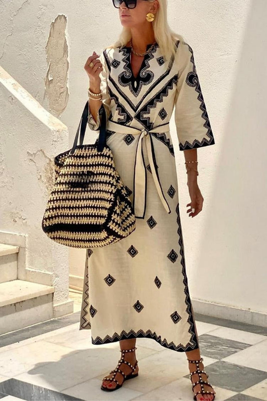 Midi Dresses- Retro Middle Eastern Geometric Print Cotton Robe Dress