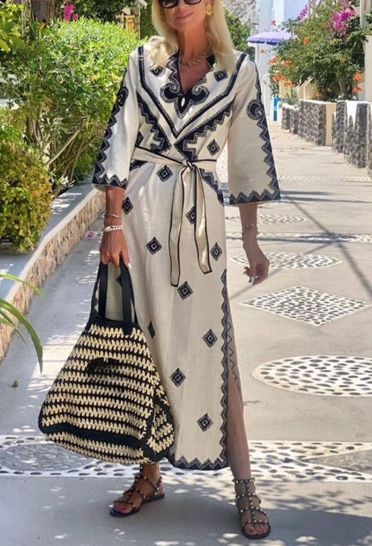 Midi Dresses- Retro Middle Eastern Geometric Print Cotton Robe Dress