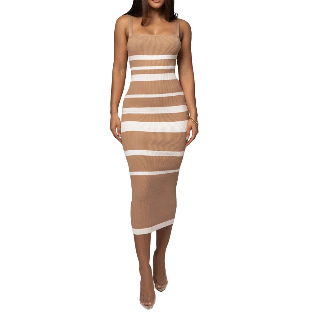 Midi Dresses- Ribbed Stripe Suspender Dress – Casual to Evening Wear- Beige- IndioGear Women Clothing