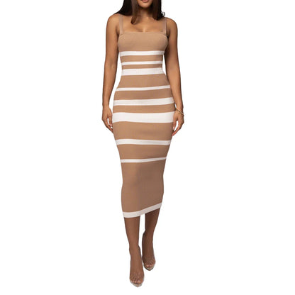 Midi Dresses- Ribbed Stripe Suspender Dress – Casual to Evening Wear- Beige- IndioGear Women Clothing