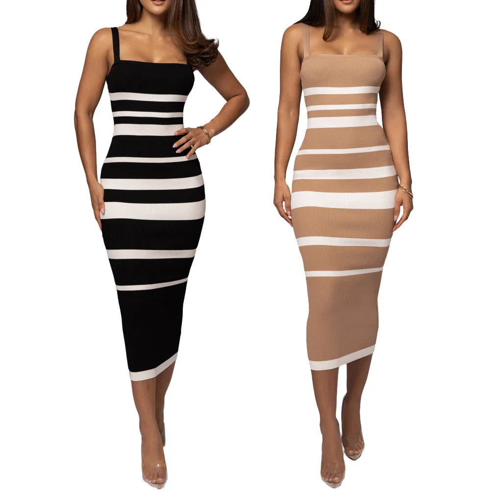 Midi Dresses- Ribbed Stripe Suspender Dress – Casual to Evening Wear- - IndioGear Women Clothing