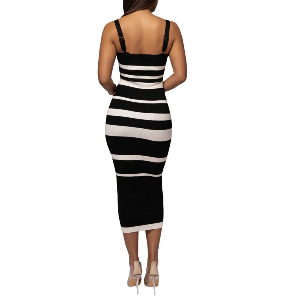 Midi Dresses- Ribbed Stripe Suspender Dress – Casual to Evening Wear- - IndioGear Women Clothing