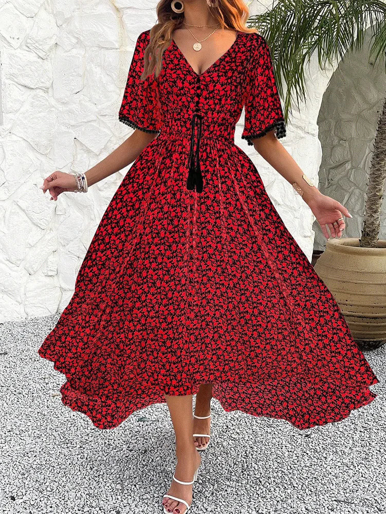 Midi Dresses- Romantic Fling Floral Midi Dress with Cinched Waist- Red- IndioGear.com