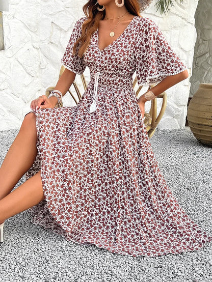 Midi Dresses- Romantic Fling Floral Midi Dress with Cinched Waist- - IndioGear.com