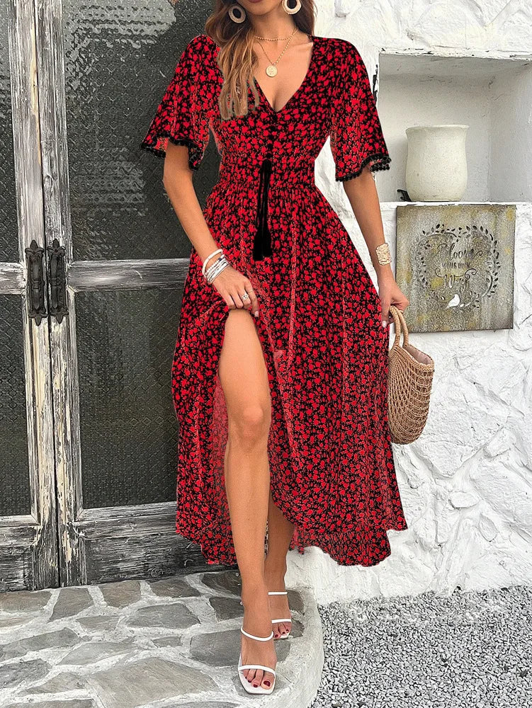 Midi Dresses- Romantic Fling Floral Midi Dress with Cinched Waist- - IndioGear.com