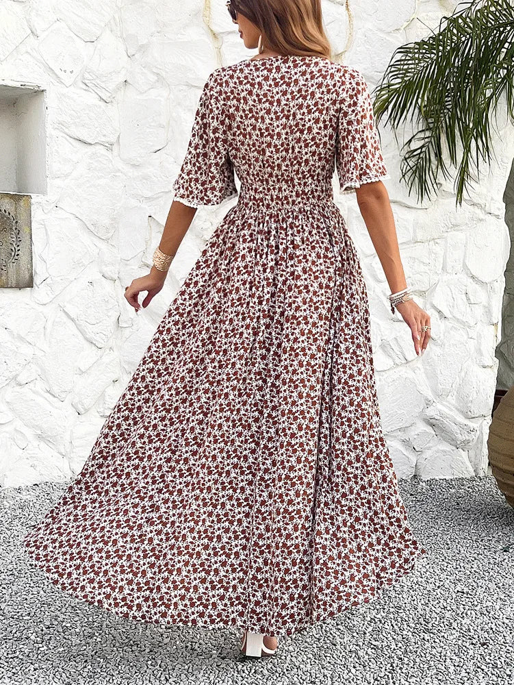 Midi Dresses- Romantic Fling Floral Midi Dress with Cinched Waist- - IndioGear.com