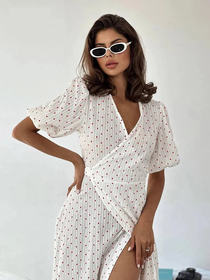 Midi Dresses- Romantic Wrap Heart Motif Midi Dress for Casual Outings:- - IndioGear.com