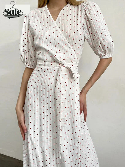 Midi Dresses- Romantic Wrap Heart Motif Midi Dress for Casual Outings:- - IndioGear.com