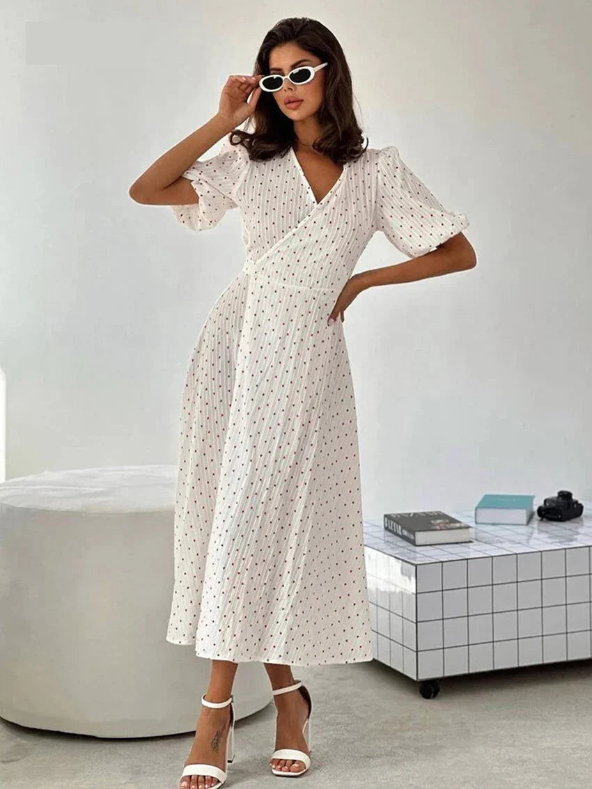 Midi Dresses- Romantic Wrap Heart Motif Midi Dress for Casual Outings:- - IndioGear.com