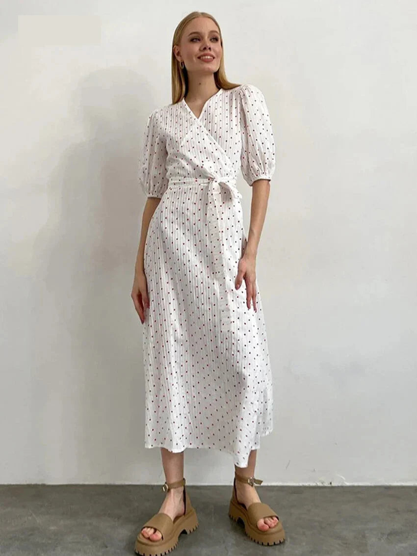 Midi Dresses- Romantic Wrap Heart Motif Midi Dress for Casual Outings:- White- IndioGear.com