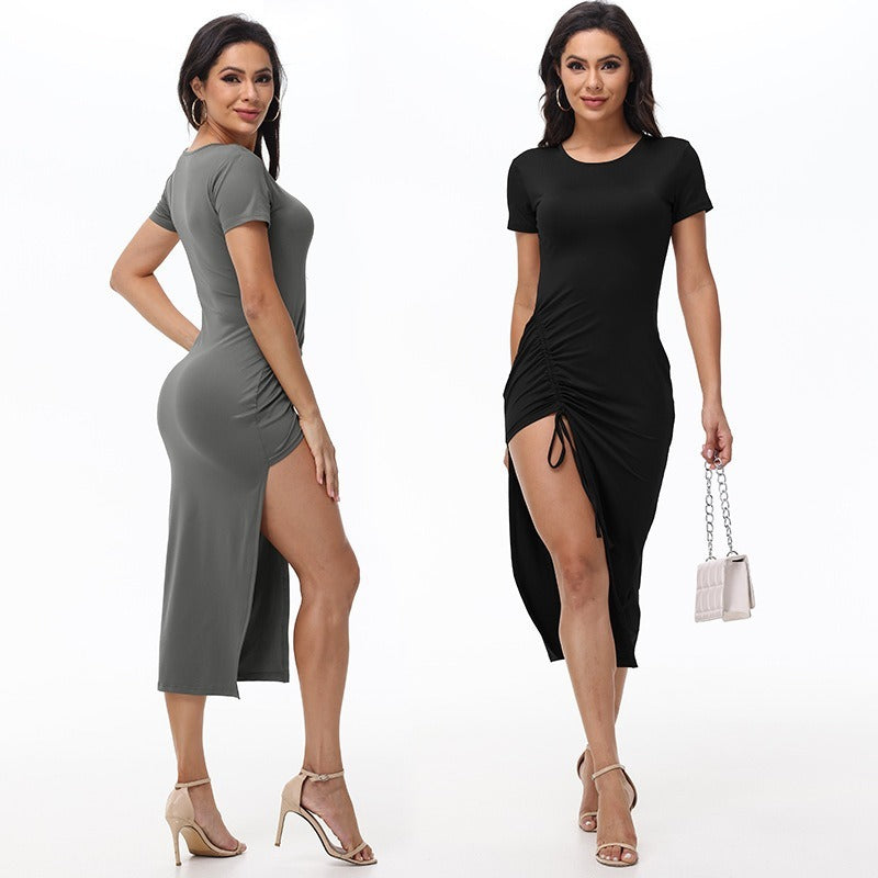 Midi Dresses- Ruched Side-Slit Bodycon Midi Dress – Perfect for Dates- - IndioGear Women Clothing