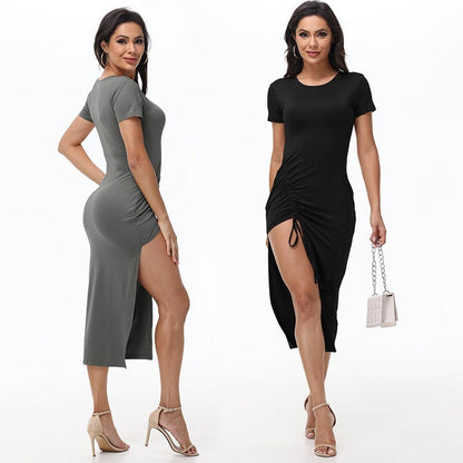 Midi Dresses- Ruched Side-Slit Bodycon Midi Dress – Perfect for Dates- - IndioGear Women Clothing