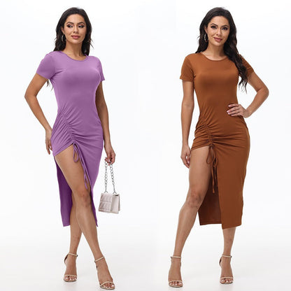 Midi Dresses- Ruched Side-Slit Bodycon Midi Dress – Perfect for Dates- - IndioGear Women Clothing