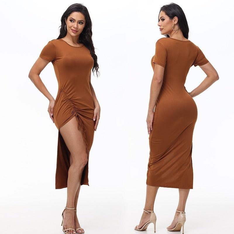 Midi Dresses- Ruched Side-Slit Bodycon Midi Dress – Perfect for Dates- - IndioGear Women Clothing