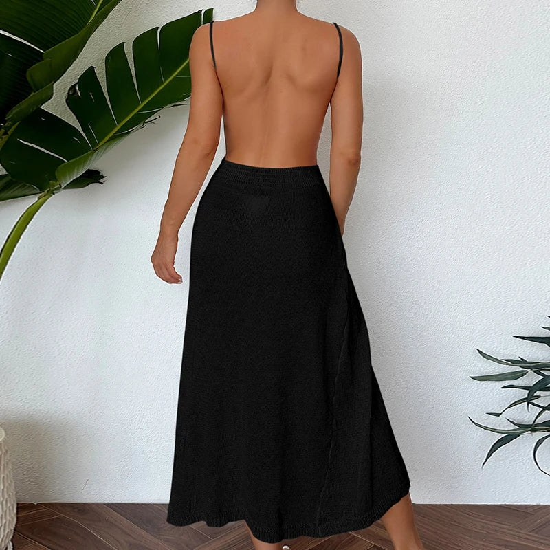 Midi Dresses- Sexy See-Through Backless Wrap Midi Dress for Summer- - IndioGear.com