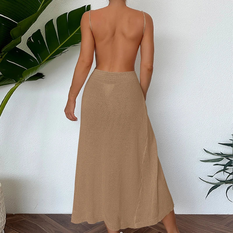 Midi Dresses- Sexy See-Through Backless Wrap Midi Dress for Summer- - IndioGear.com