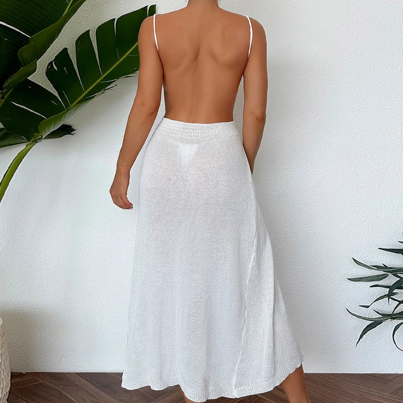 Midi Dresses- Sexy See-Through Backless Wrap Midi Dress for Summer- - IndioGear.com