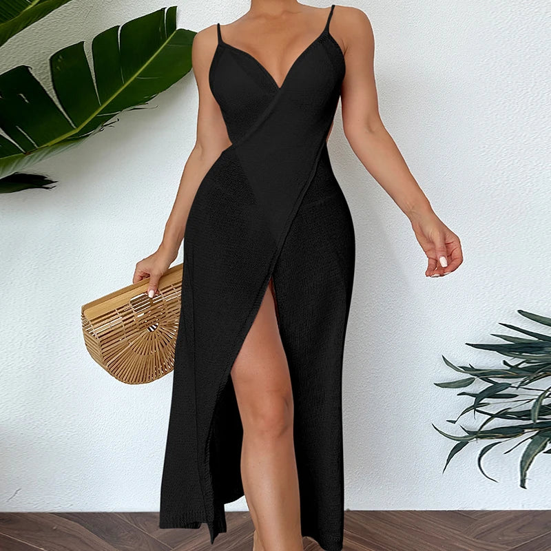 Midi Dresses- Sexy See-Through Backless Wrap Midi Dress for Summer- Black- IndioGear.com