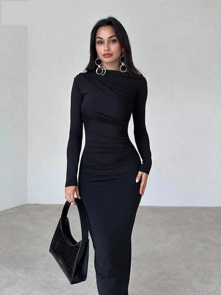 Midi Dresses - Sleek Noir Ruche Evening Midi Dress