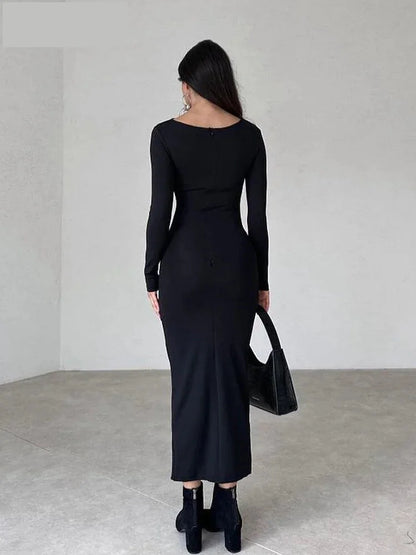 Midi Dresses - Sleek Noir Ruche Evening Midi Dress