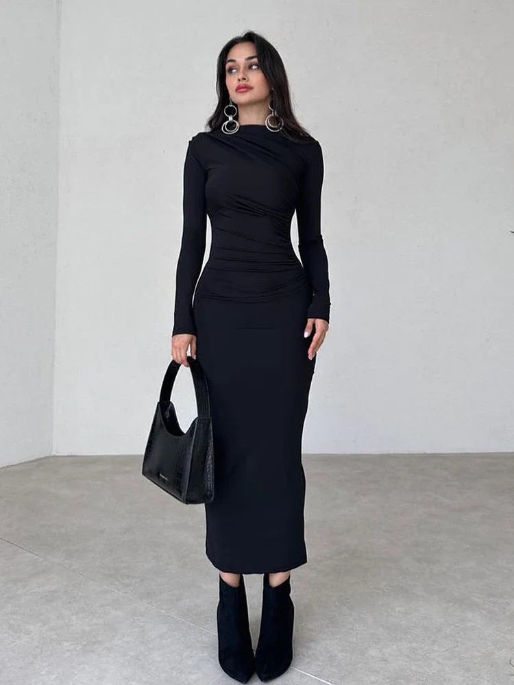 Midi Dresses - Sleek Noir Ruche Evening Midi Dress