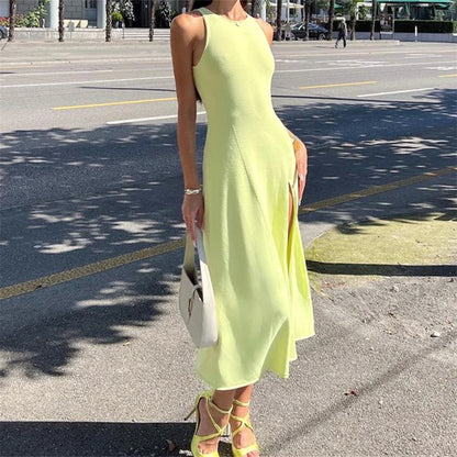 Midi Dresses- Solid Sleeveless A-Line Midi Dress with Slit for Summer- Green- IndioGear Fashion and Gear