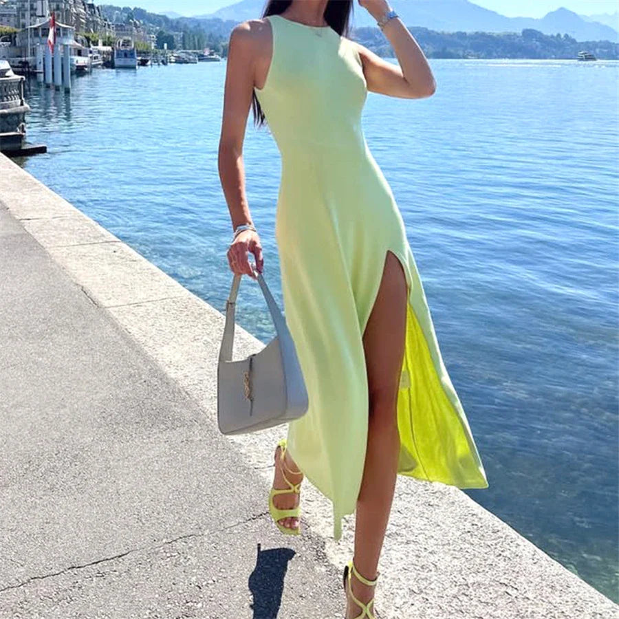 Midi Dresses- Solid Sleeveless A-Line Midi Dress with Slit for Summer- - IndioGear Fashion and Gear