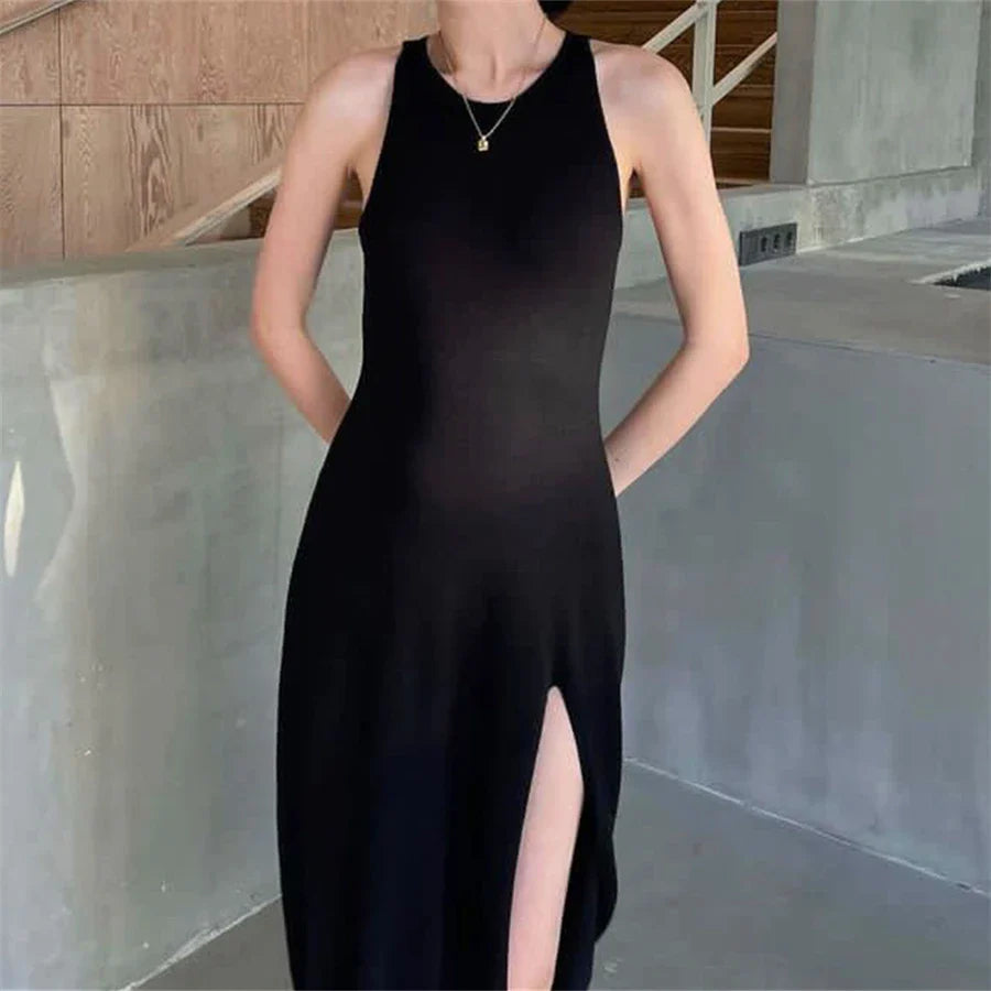 Midi Dresses- Solid Sleeveless A-Line Midi Dress with Slit for Summer- Black- IndioGear Fashion and Gear