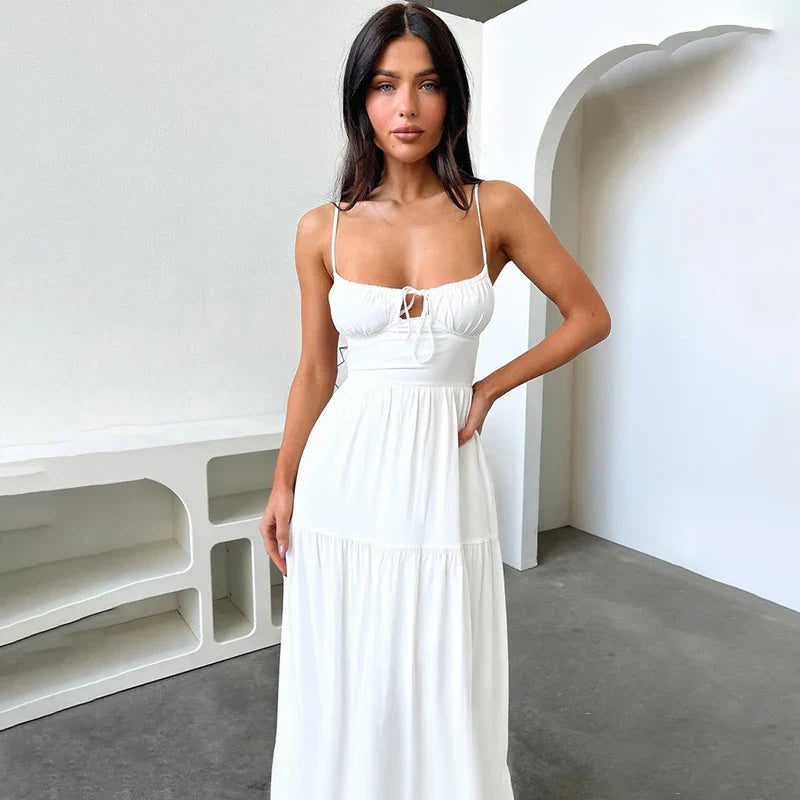 Midi Dresses- Solid Sweetheart Flowy Midi Dress- White- IndioGear.com