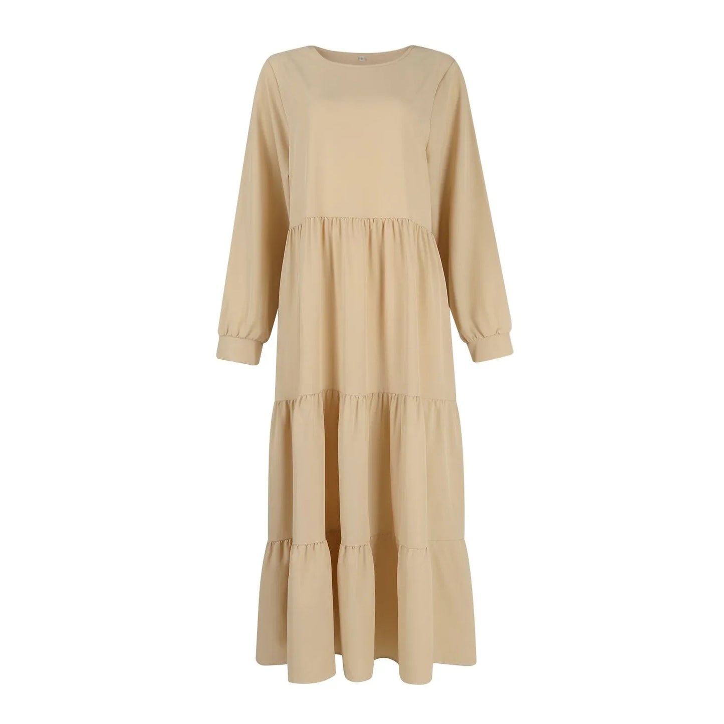 Midi Dresses- Solid Tiered Ruffle Midi Dress with Long Sleeves- - IndioGear.com