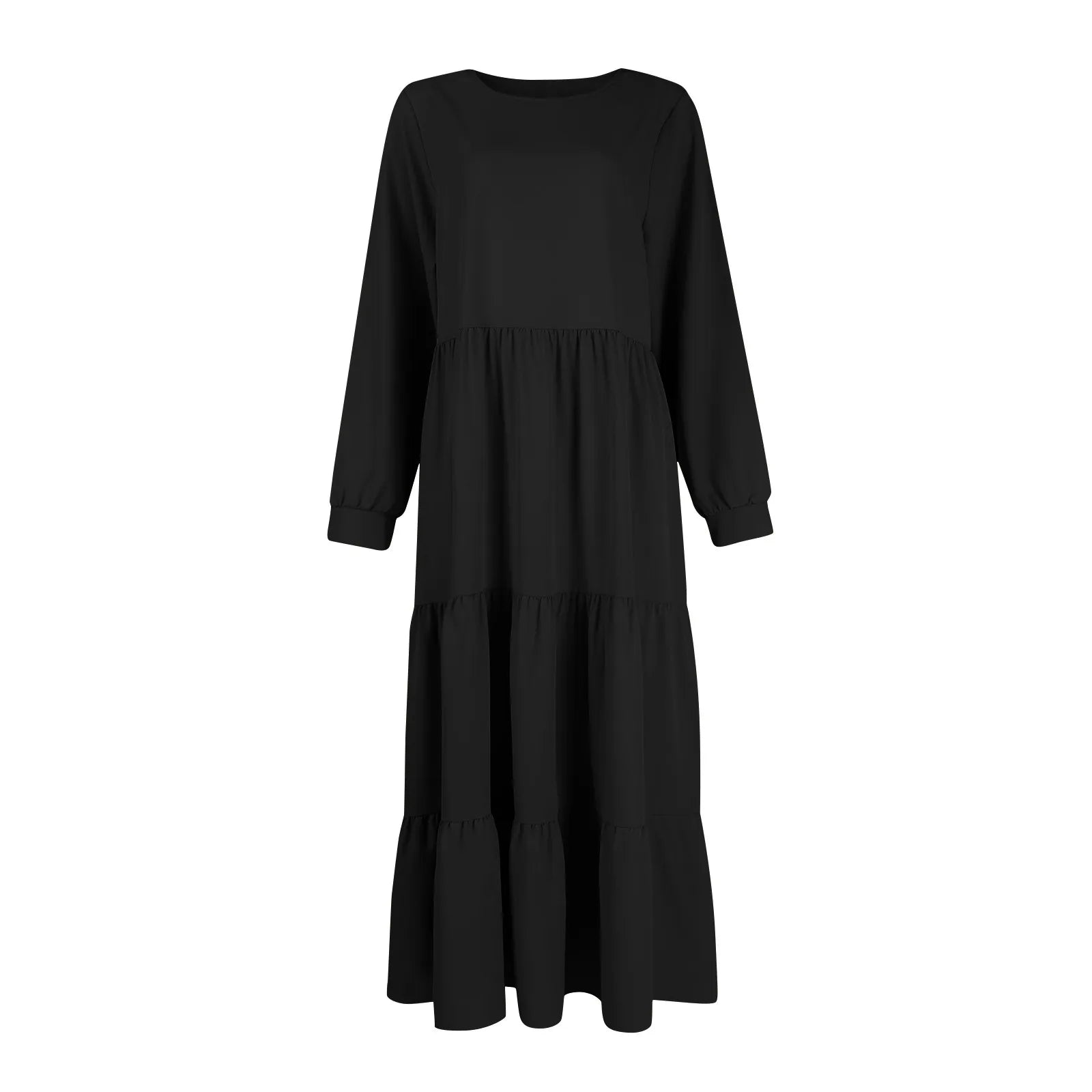 Midi Dresses- Solid Tiered Ruffle Midi Dress with Long Sleeves- - IndioGear.com