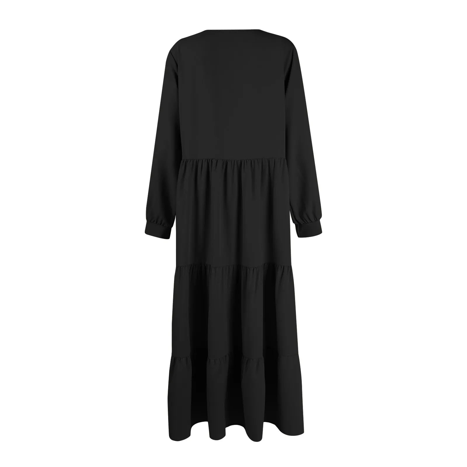 Midi Dresses- Solid Tiered Ruffle Midi Dress with Long Sleeves- - IndioGear.com