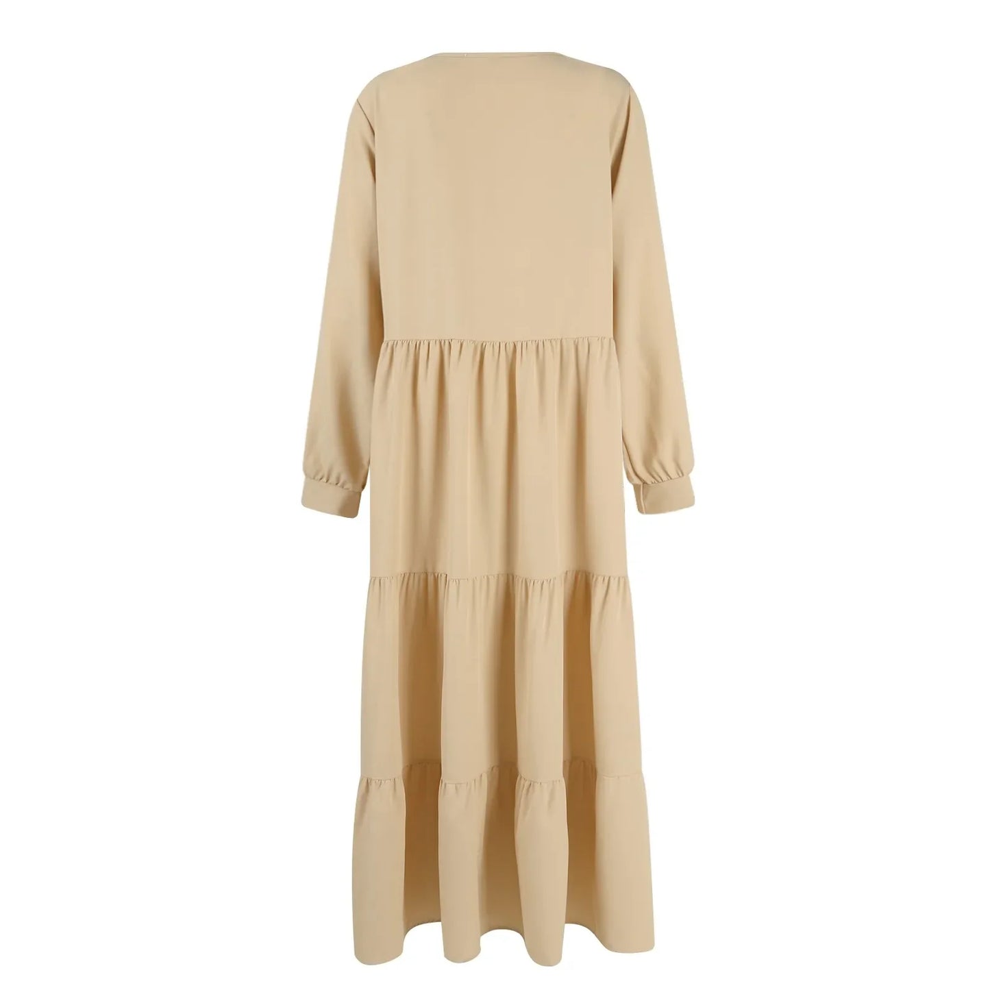 Midi Dresses- Solid Tiered Ruffle Midi Dress with Long Sleeves- - IndioGear.com