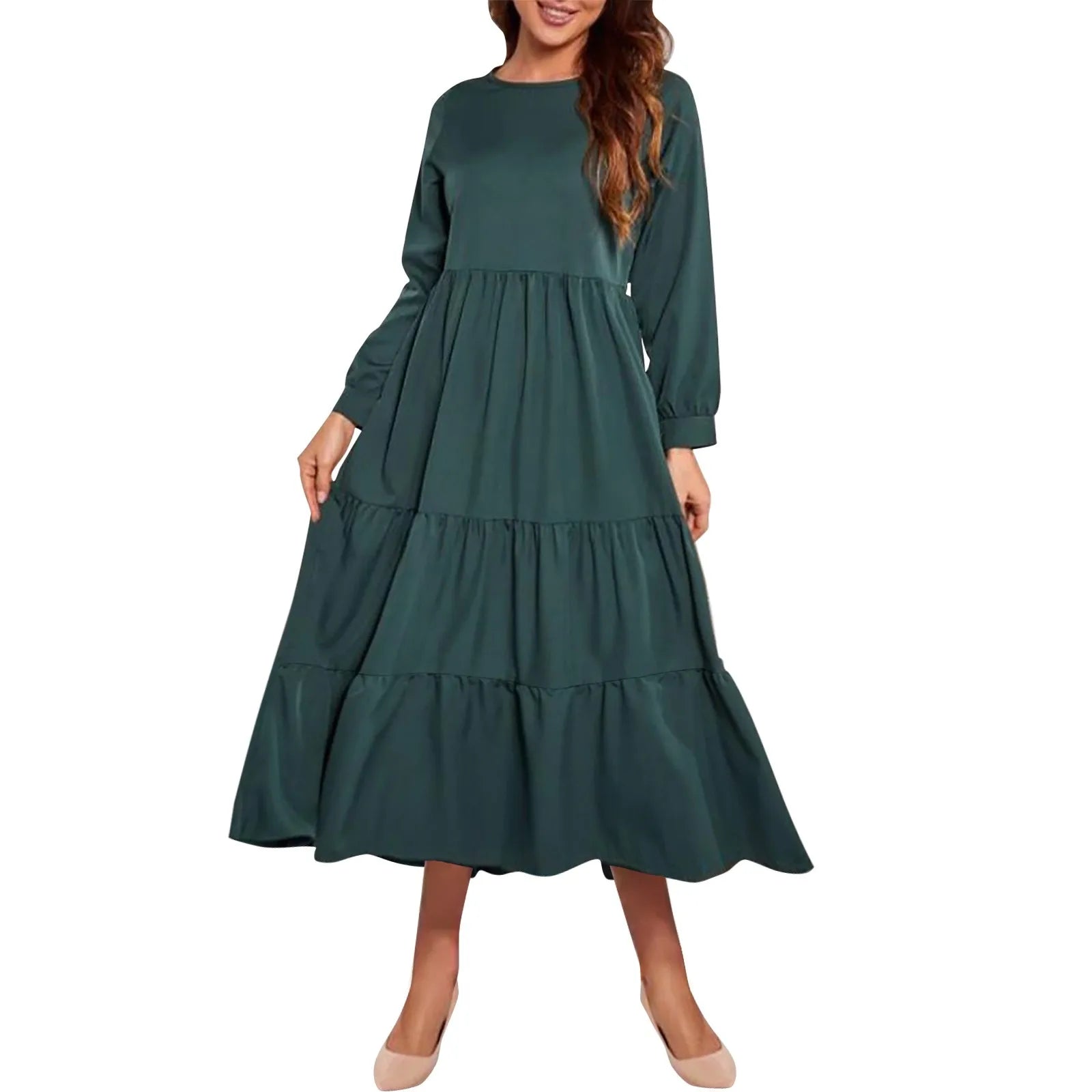 Midi Dresses- Solid Tiered Ruffle Midi Dress with Long Sleeves- Green- IndioGear.com