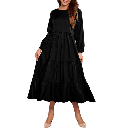 Midi Dresses- Solid Tiered Ruffle Midi Dress with Long Sleeves- Black- IndioGear.com