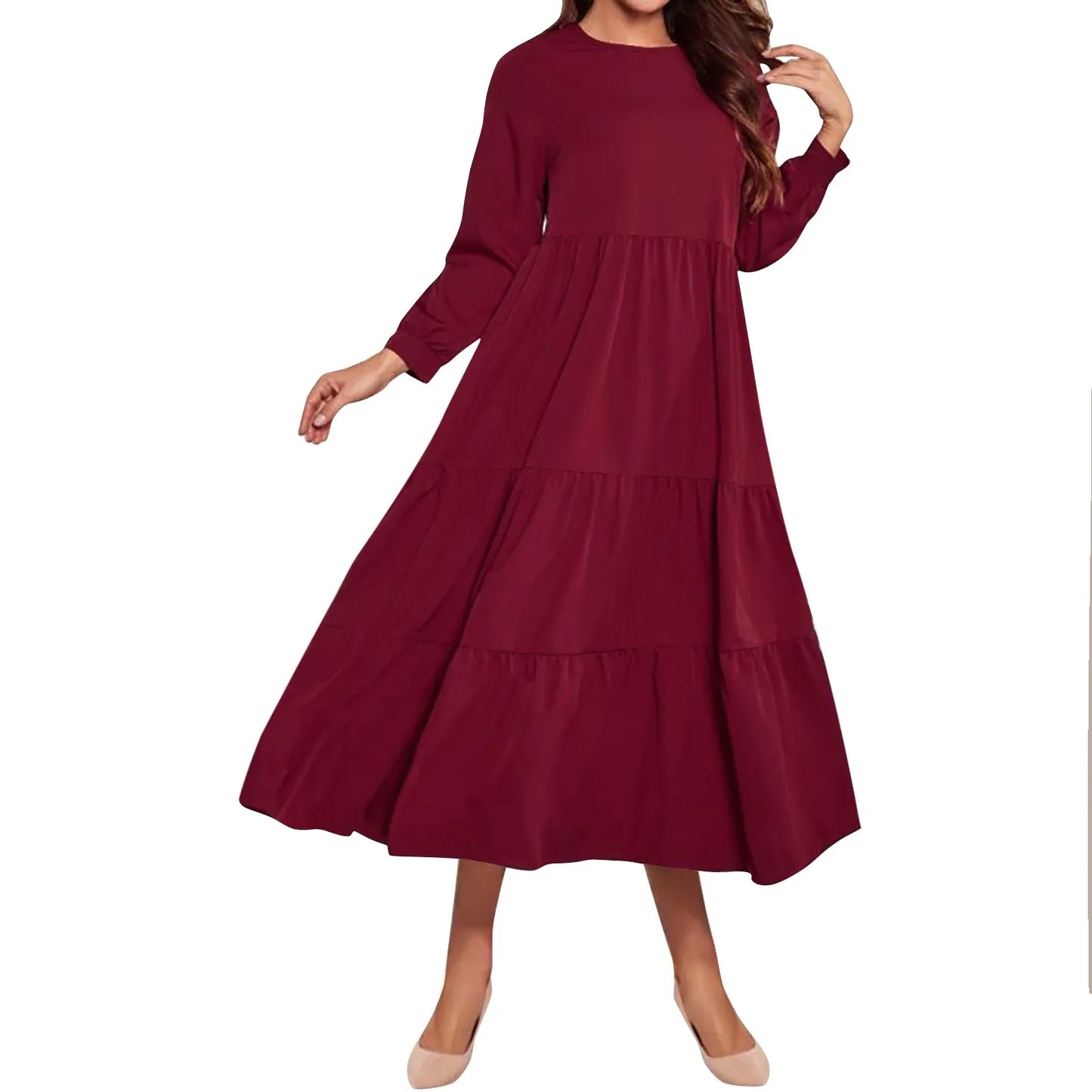 Midi Dresses- Solid Tiered Ruffle Midi Dress with Long Sleeves- Wine- IndioGear.com