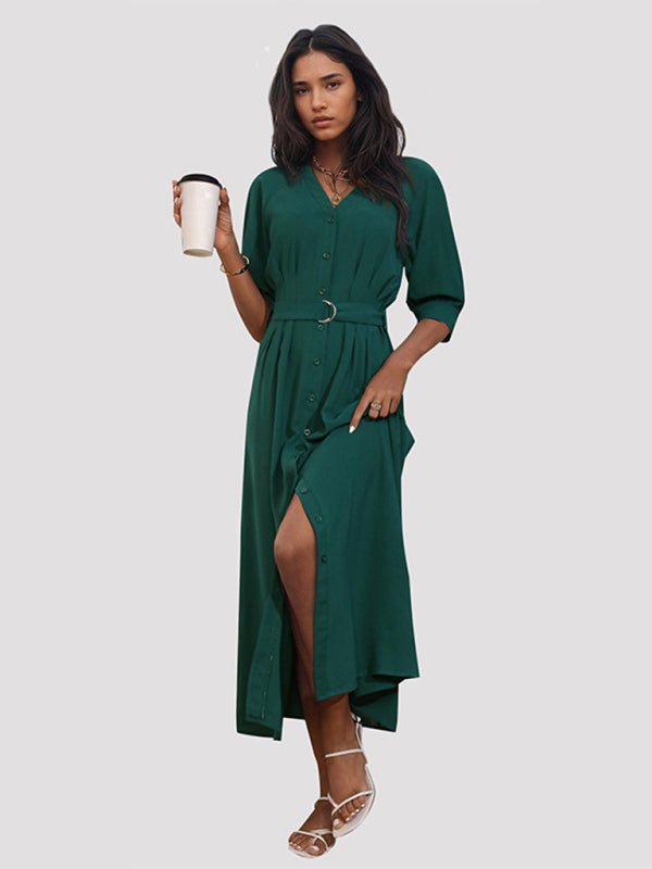 Midi Dresses- Solid V-Neck Belted Midi Dress with Button-Up Closure & Bishop Sleeves- - IndioGear Fashion and Gear