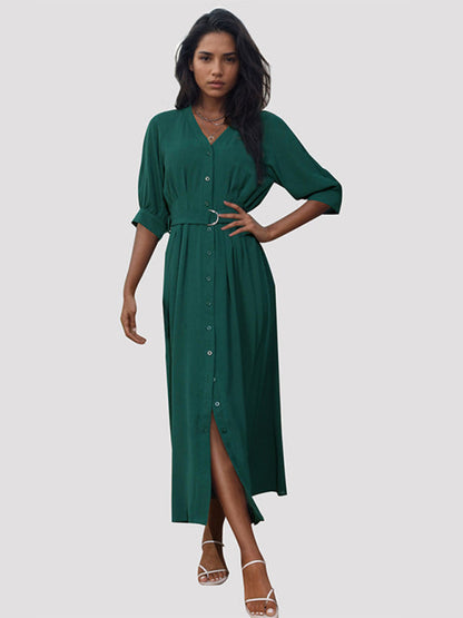 Midi Dresses- Solid V-Neck Belted Midi Dress with Button-Up Closure & Bishop Sleeves- - IndioGear Fashion and Gear