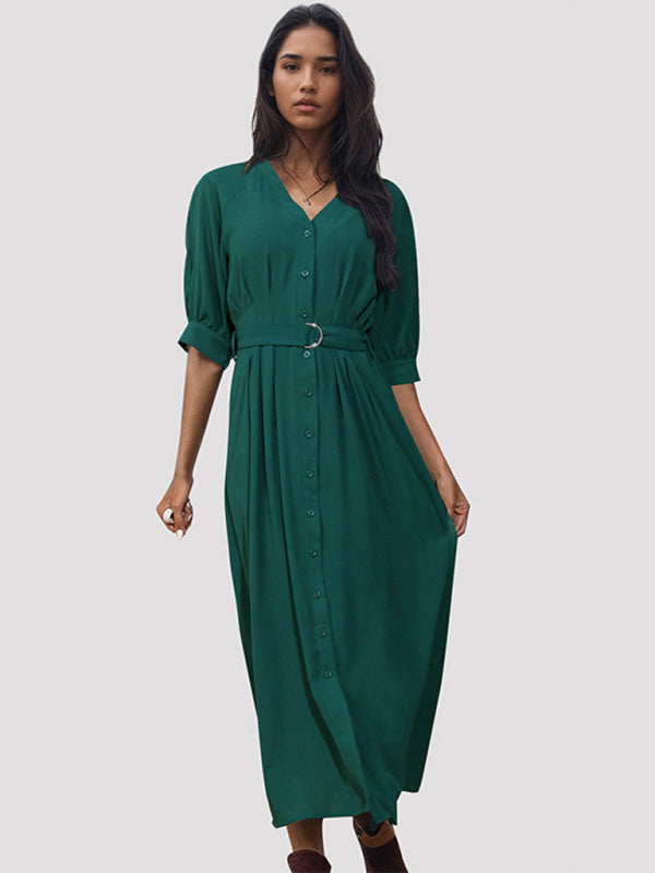 Midi Dresses- Solid V-Neck Belted Midi Dress with Button-Up Closure & Bishop Sleeves- - IndioGear Fashion and Gear