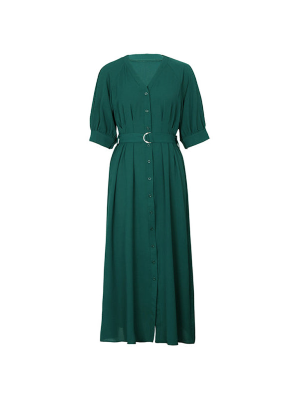 Midi Dresses- Solid V-Neck Belted Midi Dress with Button-Up Closure & Bishop Sleeves- - IndioGear Fashion and Gear