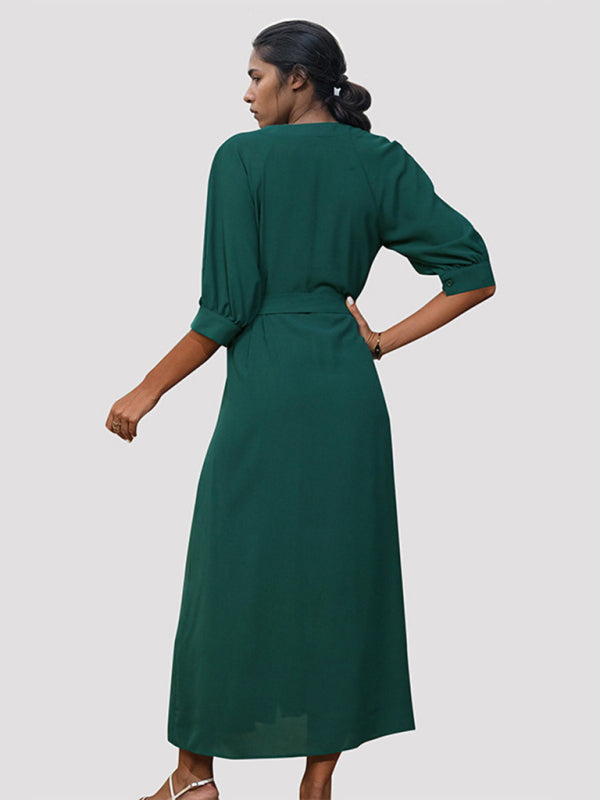 Midi Dresses- Solid V-Neck Belted Midi Dress with Button-Up Closure & Bishop Sleeves- - IndioGear Fashion and Gear