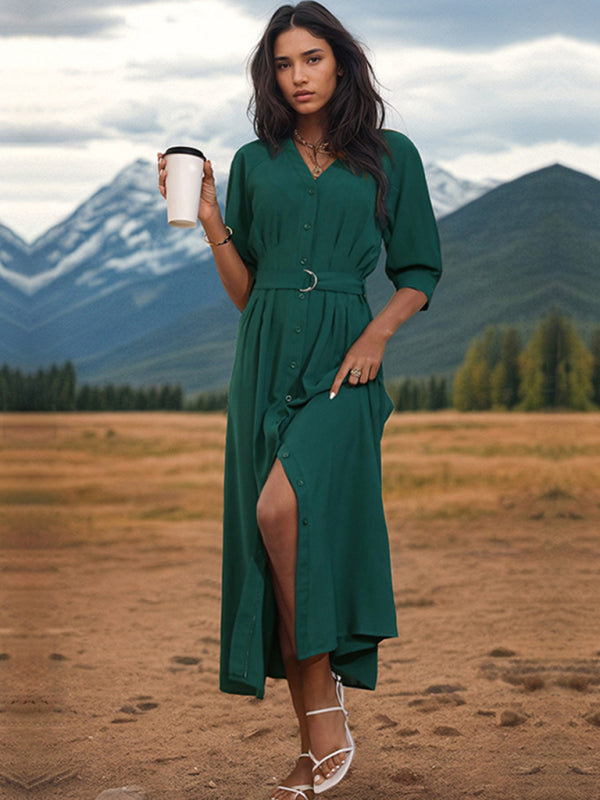 Midi Dresses- Solid V-Neck Belted Midi Dress with Button-Up Closure & Bishop Sleeves- Green- IndioGear Fashion and Gear