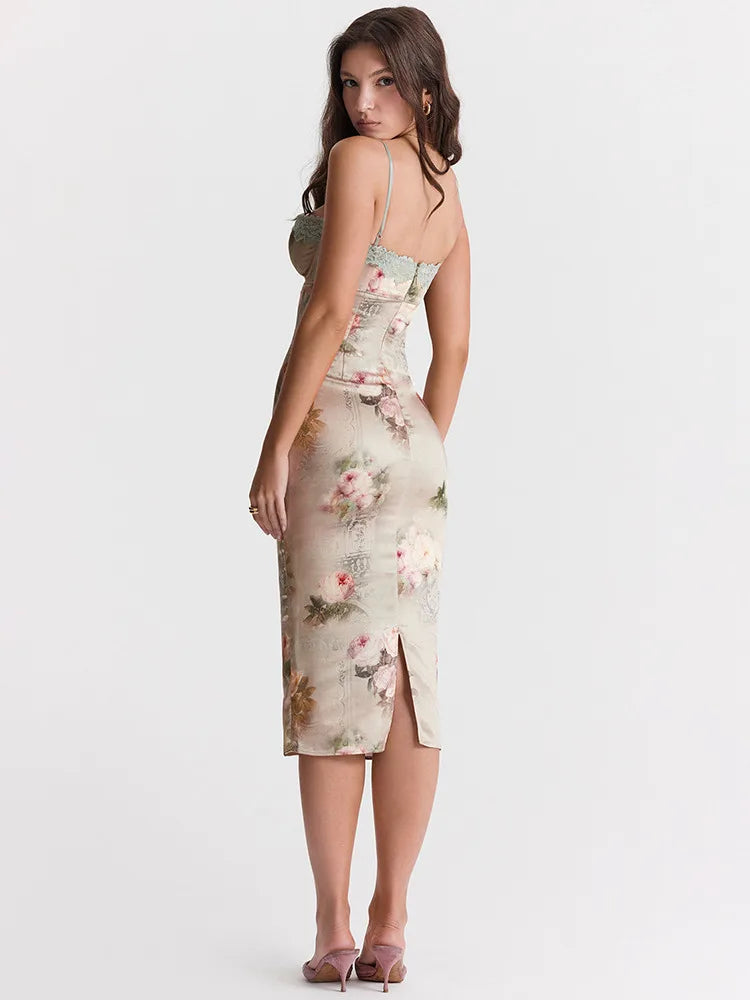 Midi Dresses- Spaghetti Strap Lace Trim Floral Print Midi Dress- - IndioGear.com