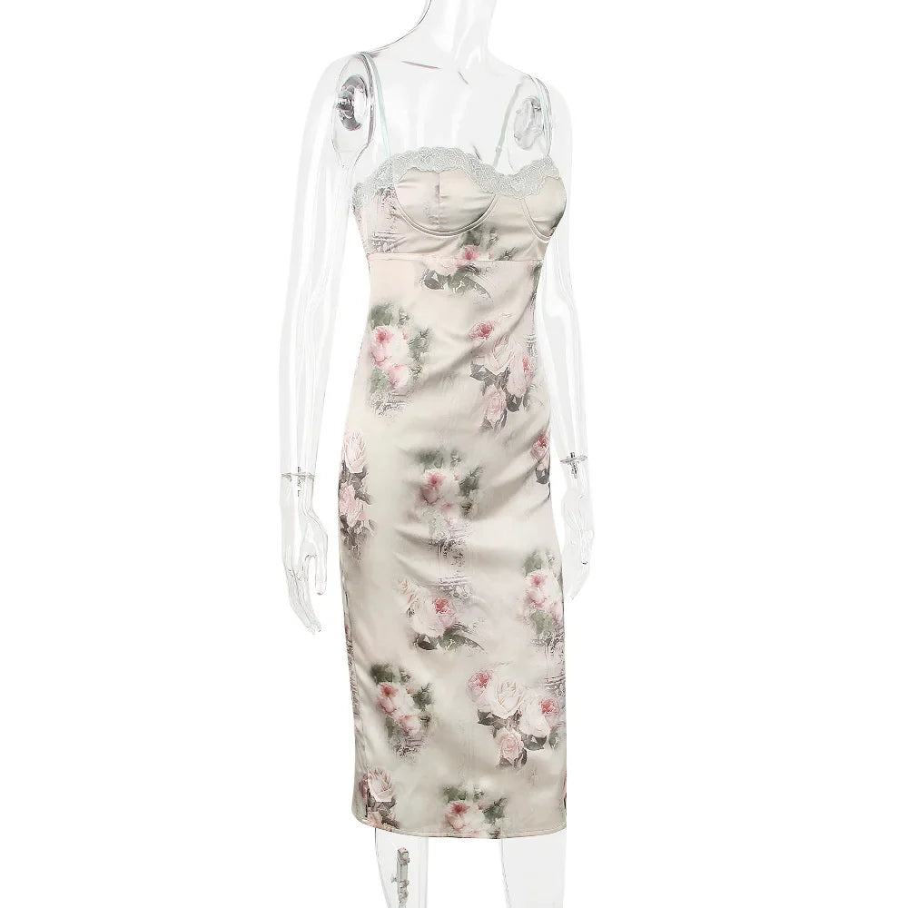 Midi Dresses- Spaghetti Strap Lace Trim Floral Print Midi Dress- - IndioGear.com