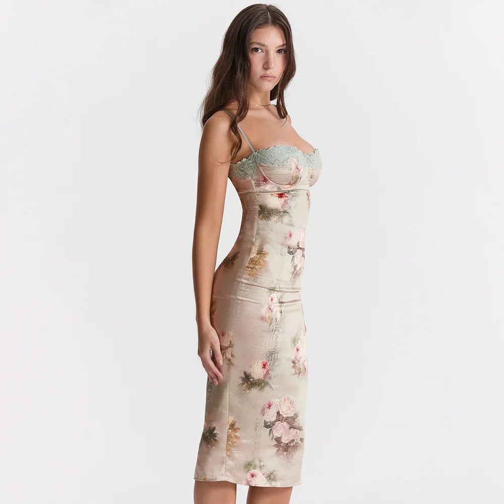 Midi Dresses- Spaghetti Strap Lace Trim Floral Print Midi Dress- - IndioGear.com