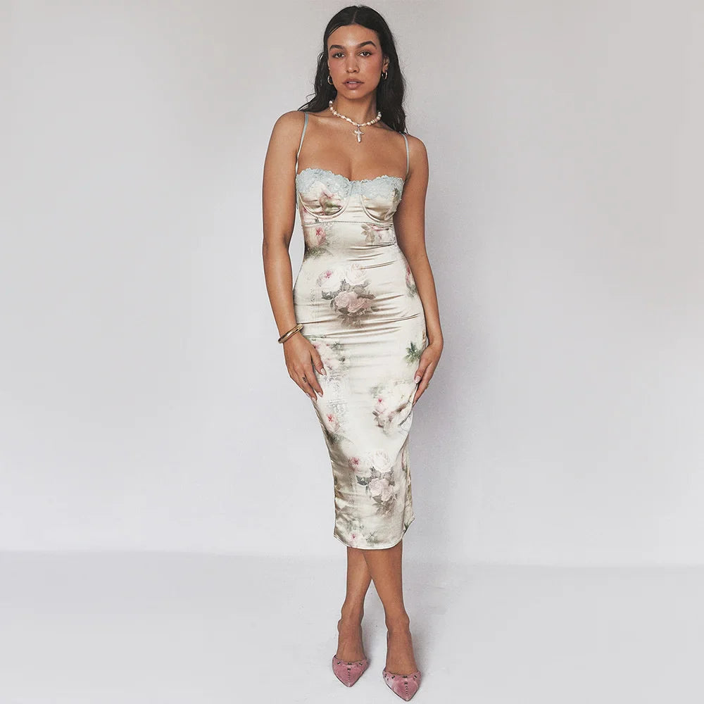 Midi Dresses- Spaghetti Strap Lace Trim Floral Print Midi Dress- - IndioGear.com