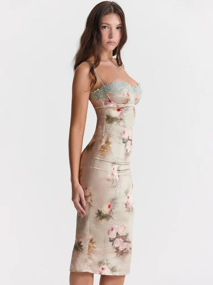 Midi Dresses- Spaghetti Strap Lace Trim Floral Print Midi Dress- - IndioGear.com