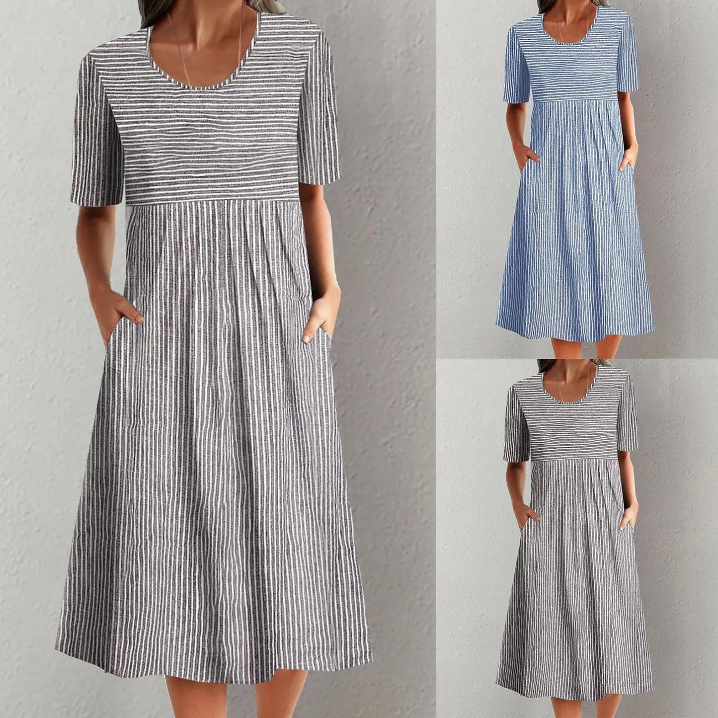 Midi Dresses- Striped Midi Dress- - IndioGear.com