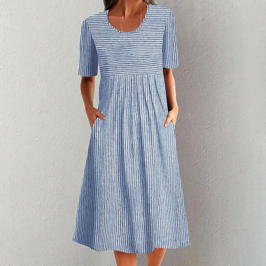 Midi Dresses- Striped Midi Dress- Blue- IndioGear.com