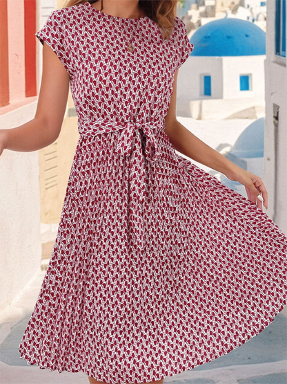 Midi Dresses- Summer Geo Print Cap Sleeve A-Line Midi Dress with Belt- - IndioGear Fashion and Gear